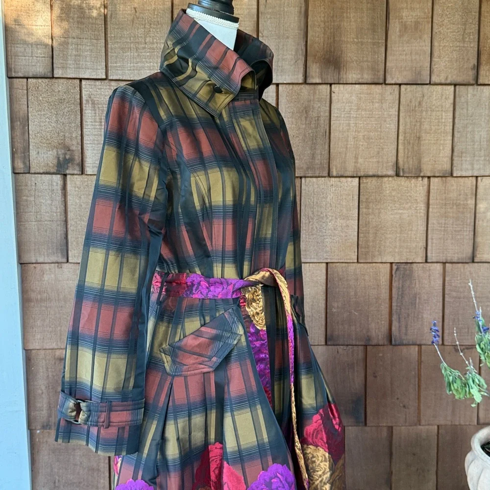 Samuel Dong Classic Bubble Dress Trench Coat in Plaid Floral Brocade  Small - Picture 5 of 11